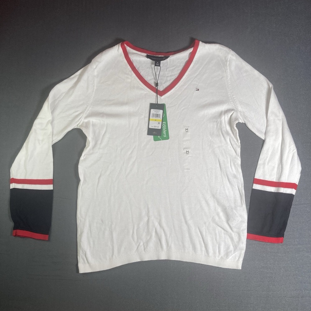 Tommy Hilfiger Women's Ivy V-Neck Sweater White EcoVero Colorblock Trim M NWT